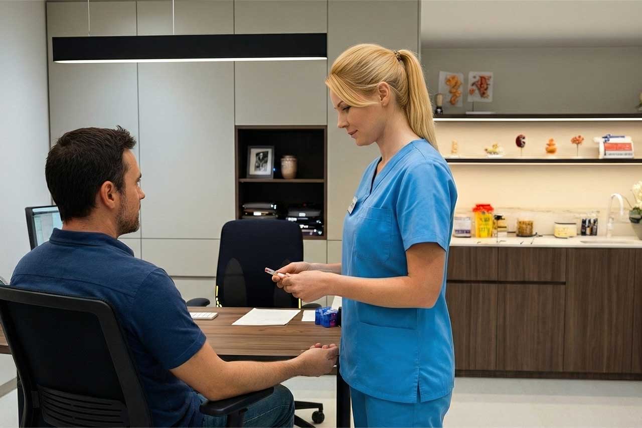 Infirmière préparant une prise de sang pour un patient à la MC Clinic de Chaumont-Gistoux