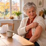 Femme senior dans sa cuisine en automne, pansement sur le bras après sa vaccination Covid et grippe à la MC Clinic de Chaumont-Gistoux